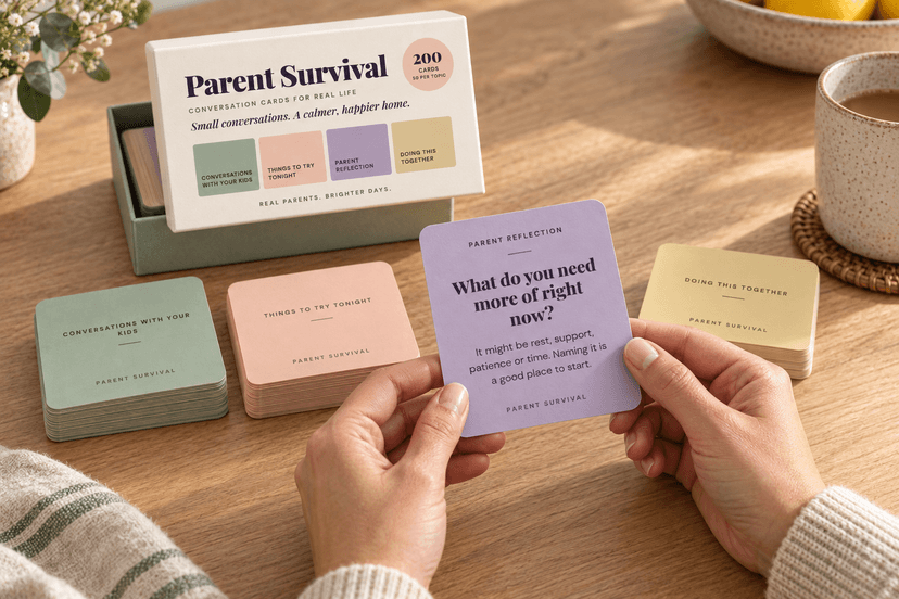 The physical Parent Survival conversation card box with the four category cards laid out